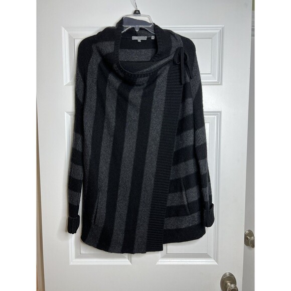 Vince Cashmere Blend Black Stripe Knit Wrap Cowl Neck Cardigan Sweater Size S - Picture 3 of 12
